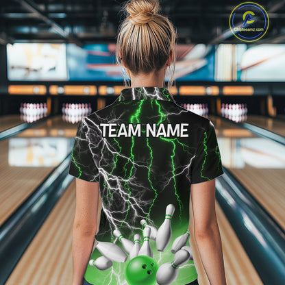 Women's bowling Polo, Quarter Zip shirts Custom Green lightning thunder team bowling league jerseys NQS11262