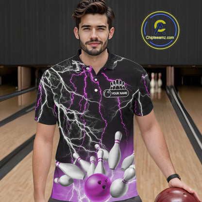 Men's bowling Polo, Quarter Zip shirts Custom Purple lightning thunder team bowling league jerseys NQS11263