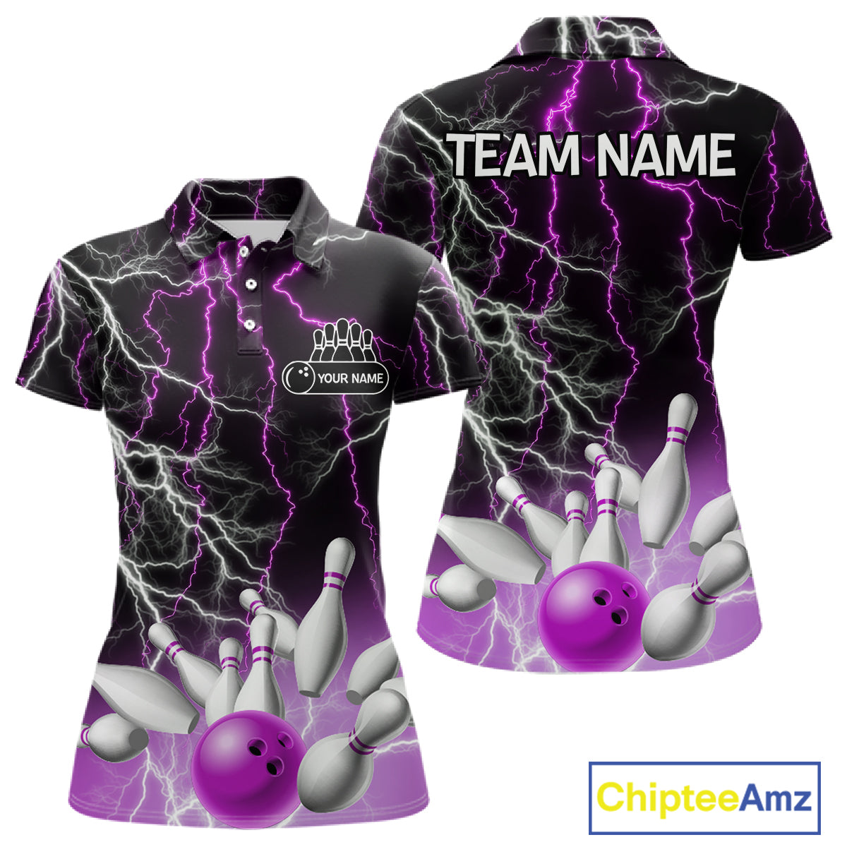 Women's bowling Polo, Quarter Zip shirts Custom Purple lightning thunder team bowling league jerseys NQS11263