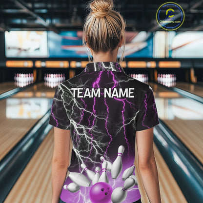 Women's bowling Polo, Quarter Zip shirts Custom Purple lightning thunder team bowling league jerseys NQS11263