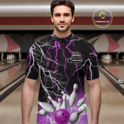 Men's bowling Polo, Quarter Zip shirts Custom Purple lightning thunder team bowling league jerseys NQS11263
