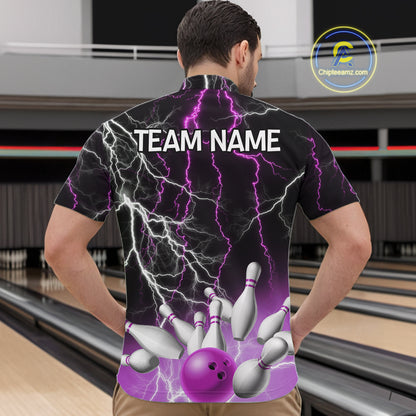 Men's bowling Polo, Quarter Zip shirts Custom Purple lightning thunder team bowling league jerseys NQS11263