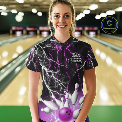 Women's bowling Polo, Quarter Zip shirts Custom Purple lightning thunder team bowling league jerseys NQS11263