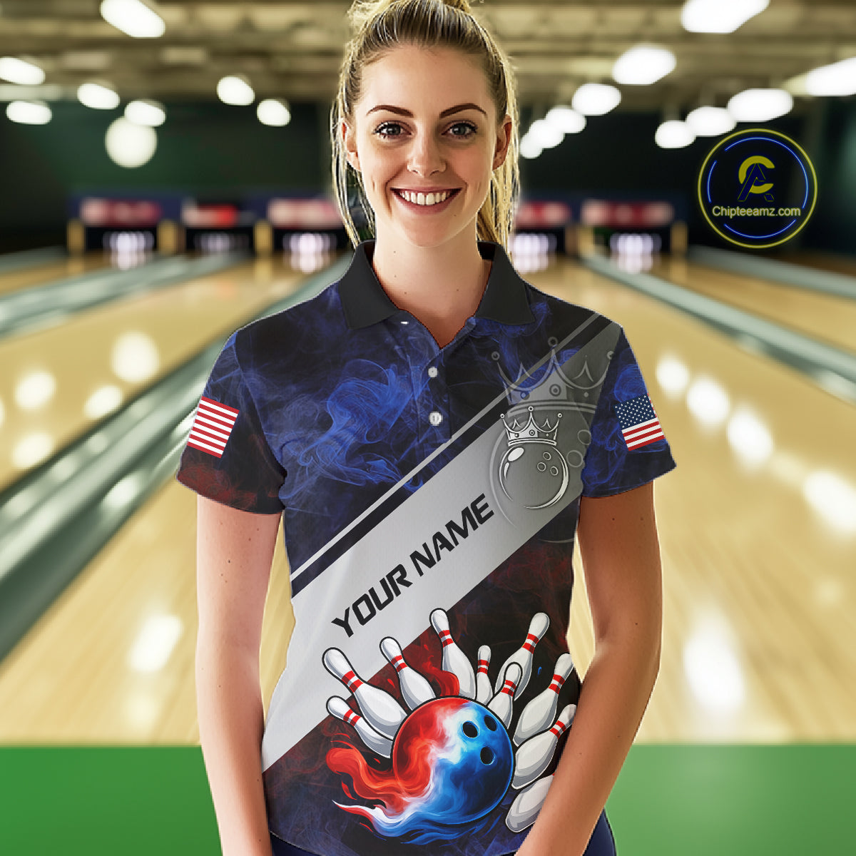 Red, White & Blue Smoke American Flag Bowling shirts For Women Custom patriotic Team bowling jersey NQS11269