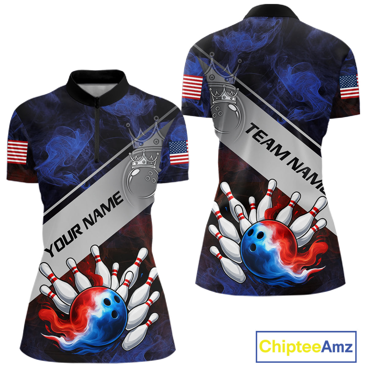 Red, White & Blue Smoke American Flag Bowling shirts For Women Custom patriotic Team bowling jersey NQS11269