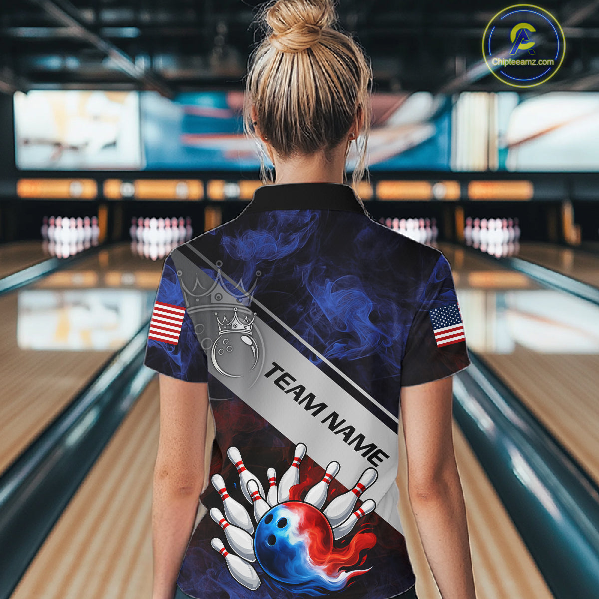 Red, White & Blue Smoke American Flag Bowling shirts For Women Custom patriotic Team bowling jersey NQS11269