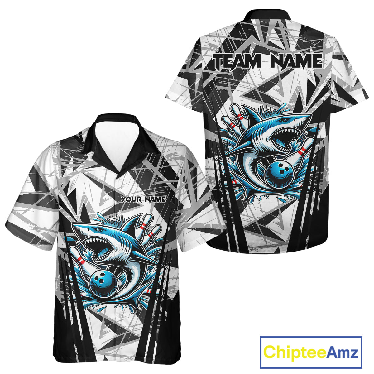 Black and White Camo Shark Bowling Team Hawaiian shirts Custom Shark Bowling button up Shirt NQS11471