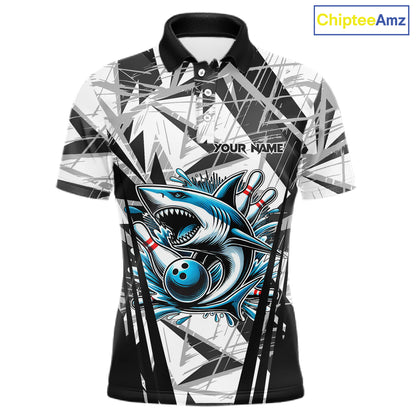 Black and White Camo Shark Bowling Team Shirts For Men Custom Shark Bowling Polo, Quarter Zip Shirt NQS11471