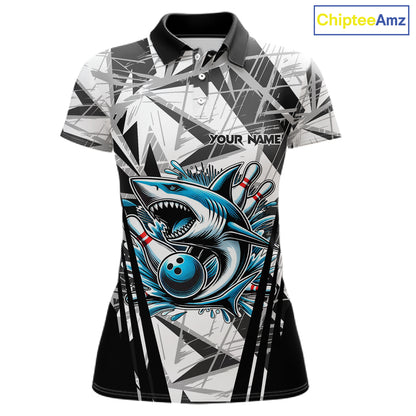 Black and White Camo Shark Bowling Team Shirt For Women Custom Shark Bowling Polo, Quarter Zip Shirt NQS11471