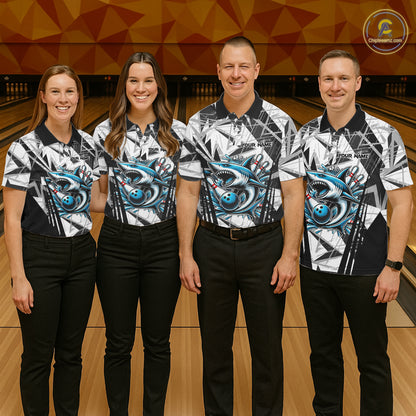 Black and White Camo Shark Bowling Team Shirts For Men Custom Shark Bowling Polo, Quarter Zip Shirt NQS11471