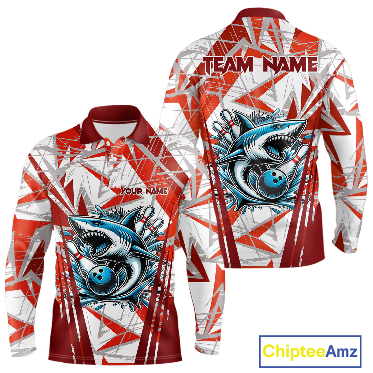 Red and White Camo Shark Bowling Team Shirts For Men Custom Shark Bowling Polo, Quarter Zip Shirt NQS11472
