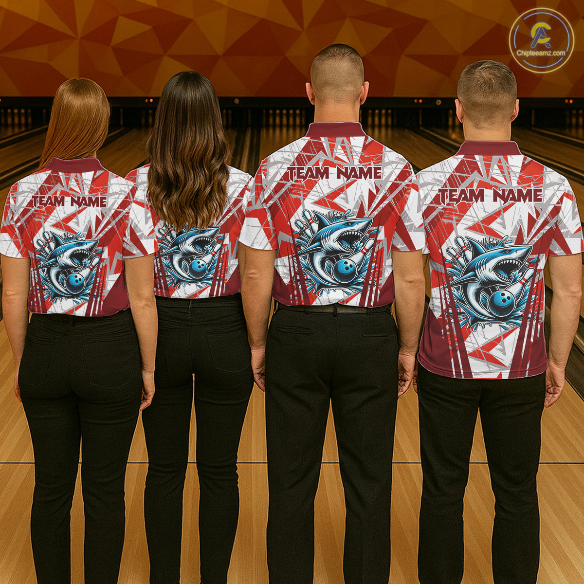 Red and White Camo Shark Bowling Team Shirt For Women Custom Shark Bowling Polo, Quarter Zip Shirt NQS11472