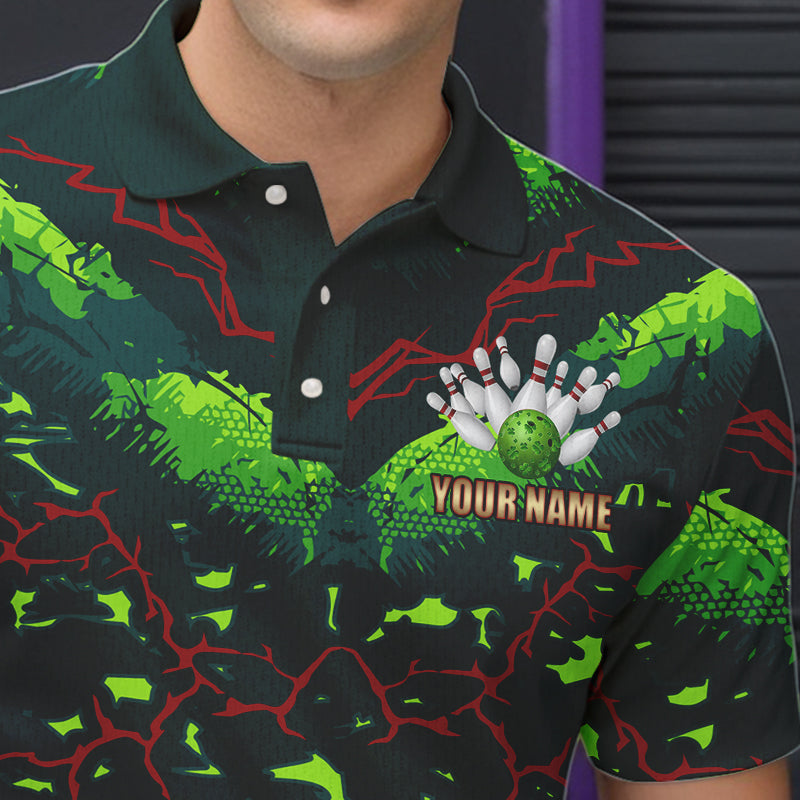 Personalized Green Camo Bowling Polo, 1/4 Zip shirts for Men custom St Patrick Day Bowling Team Jersey NQS9547