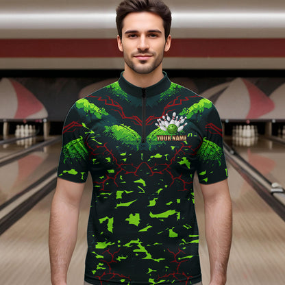 Personalized Green Camo Bowling Polo, 1/4 Zip shirts for Men custom St Patrick Day Bowling Team Jersey NQS9547