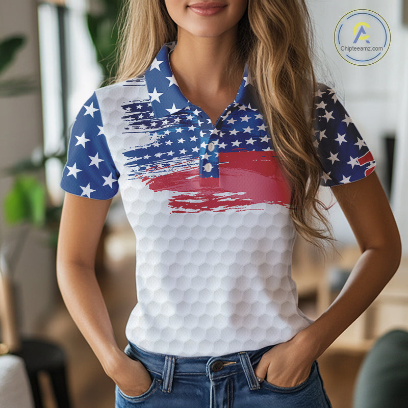 Personalized Red, White and Blue American Flag Women golf polo shirt Custom patriotic ladies golf tops NQS9550