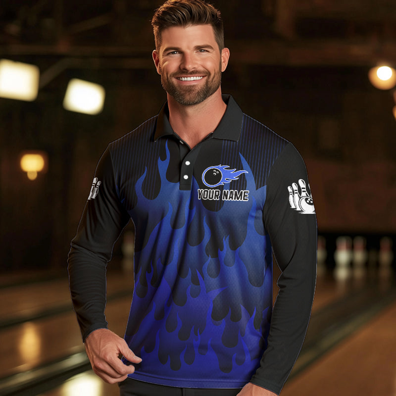 Personalized Black and Blue Flame Bowling Shirts For Men Custom Fire bowling jerseys NQS9552