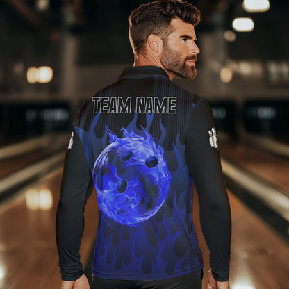 Personalized Black and Blue Flame Bowling Shirts For Men Custom Fire bowling jerseys NQS9552
