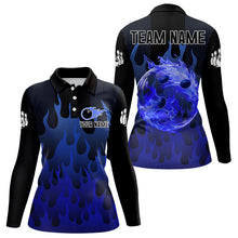 Load image into Gallery viewer, Personalized Black and Blue Flame Bowling Shirts For Women Custom Fire bowling jerseys NQS9552
