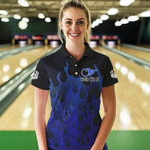 Load image into Gallery viewer, Personalized Black and Blue Flame Bowling Shirts For Women Custom Fire bowling jerseys NQS9552