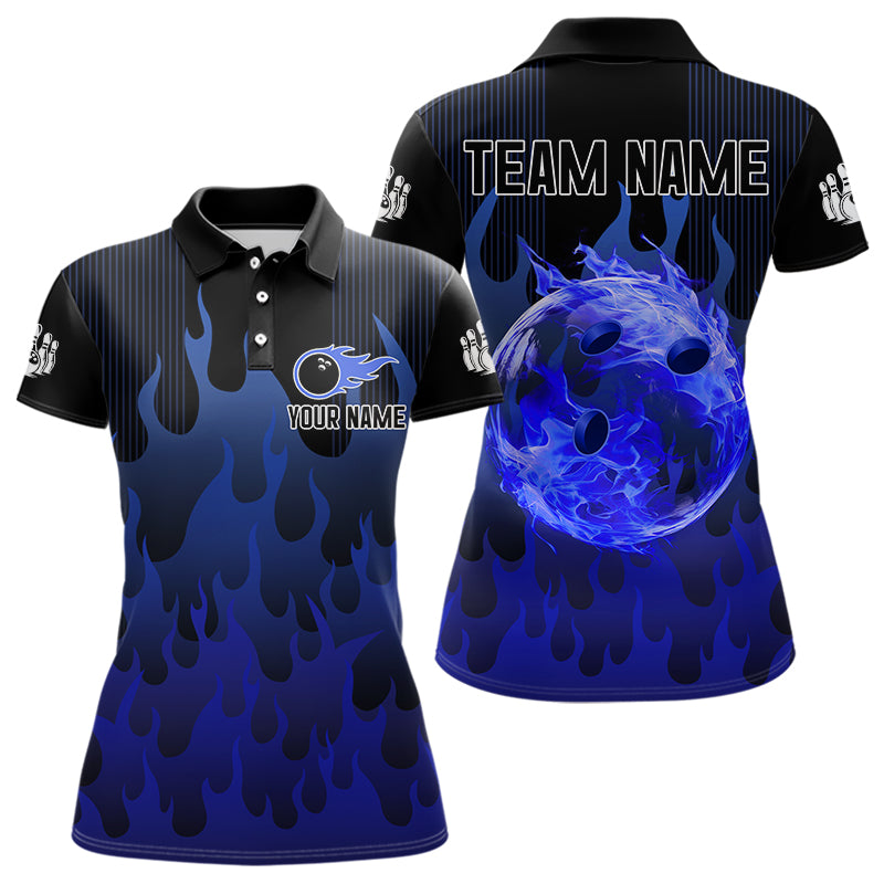 Personalized Black and Blue Flame Bowling Shirts For Women Custom Fire bowling jerseys NQS9552