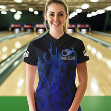 Load image into Gallery viewer, Personalized Black and Blue Flame Bowling Shirts For Women Custom Fire bowling jerseys NQS9552