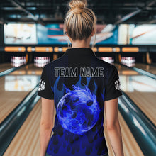Load image into Gallery viewer, Personalized Black and Blue Flame Bowling Shirts For Women Custom Fire bowling jerseys NQS9552