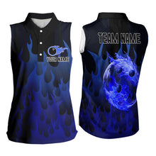 Load image into Gallery viewer, Personalized Black and Blue Flame Bowling Sleeveless Polo Shirt Custom Fire bowling jerseys NQS9552