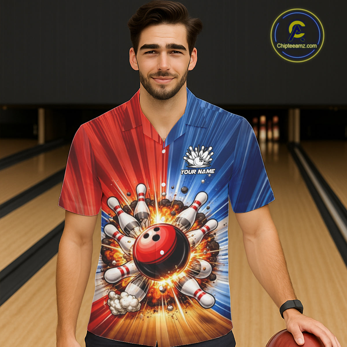 Funny Bowling Boom Hawaiian Shirt Custom Red, White and Blue Team Bowler Jerseys NQS11660