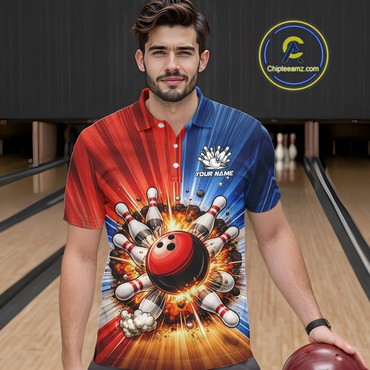Funny Bowling Boom Polo, 1/4 Zip Shirt For Men Custom Red, White and Blue Team Bowler Jerseys NQS11660