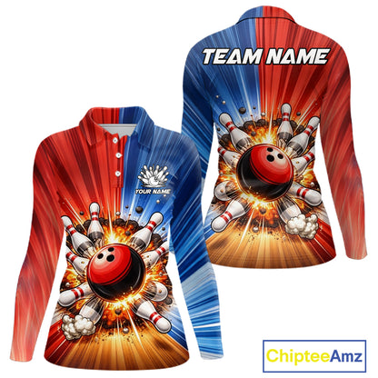 Funny Bowling Boom Polo, 1/4 Zip Shirt For Women Custom Red, White and Blue Team Bowler Jerseys NQS11660