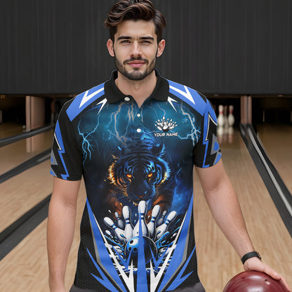 Blue Lightning Thunder Tiger Mens Bowling Polo, Quarter Zip Shirts Custom Bowler Jersey bowling outfit NQS9706
