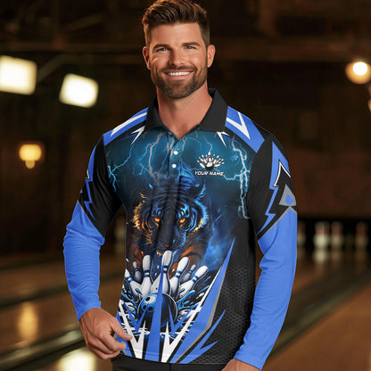 Blue Lightning Thunder Tiger Mens Bowling Polo, Quarter Zip Shirts Custom Bowler Jersey bowling outfit NQS9706