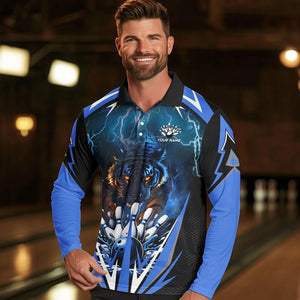 Blue Lightning Thunder Tiger Mens Bowling Polo, Quarter Zip Shirts Custom Bowler Jersey bowling outfit NQS9706