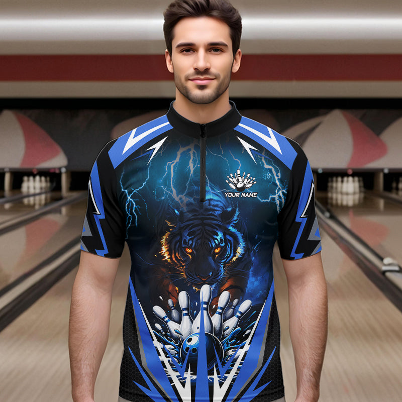 Blue Lightning Thunder Tiger Mens Bowling Polo, Quarter Zip Shirts Custom Bowler Jersey bowling outfit NQS9706