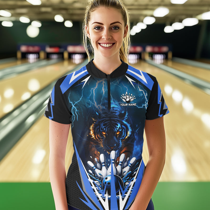 Blue Lightning Thunder Tiger Women Bowling Polo, Quarter Zip Shirt Custom Bowler Jersey bowling outfit NQS9706