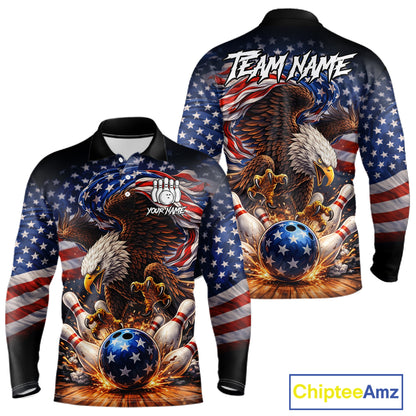 American Flag Flame Eagle Bowling Polo, 1/4 Zip Shirts For Men Custom Patriotic Bowling Team Jerseys NQS11748