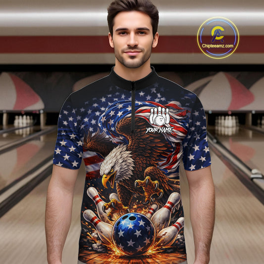 American Flag Flame Eagle Bowling Polo, 1/4 Zip Shirts For Men Custom Patriotic Bowling Team Jerseys NQS11748