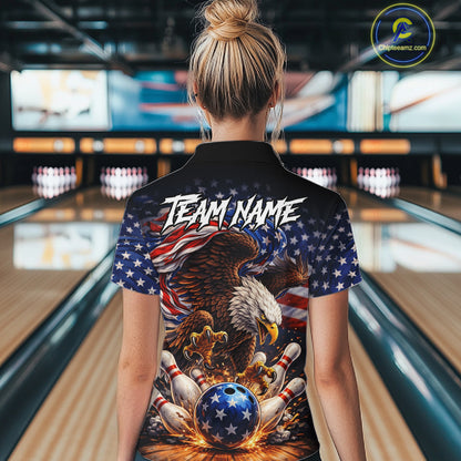 American Flag Flame Eagle Bowling Polo, 1/4 Zip Shirts For Women Custom Patriotic Bowling Team Jersey NQS11748