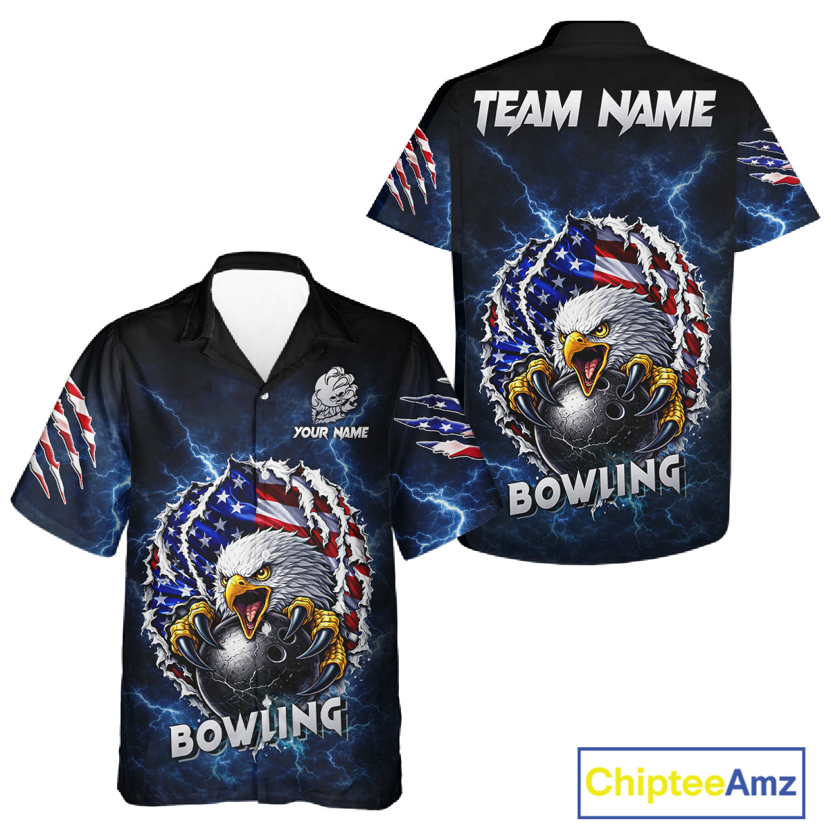 Blue Lightning Thunder US Flag Eagle Bowling Hawaiian Shirt Custom Patriotic Bowling Team Jerseys NQS11749
