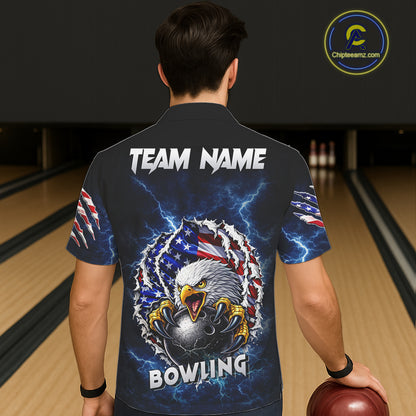 Blue Lightning Thunder US Flag Eagle Bowling Hawaiian Shirt Custom Patriotic Bowling Team Jerseys NQS11749