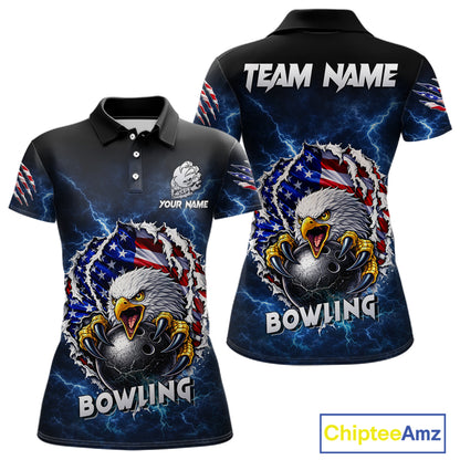 Blue Lightning Thunder US Flag Eagle Bowling Shirts For Women Custom Patriotic Bowling Team Jerseys NQS11749