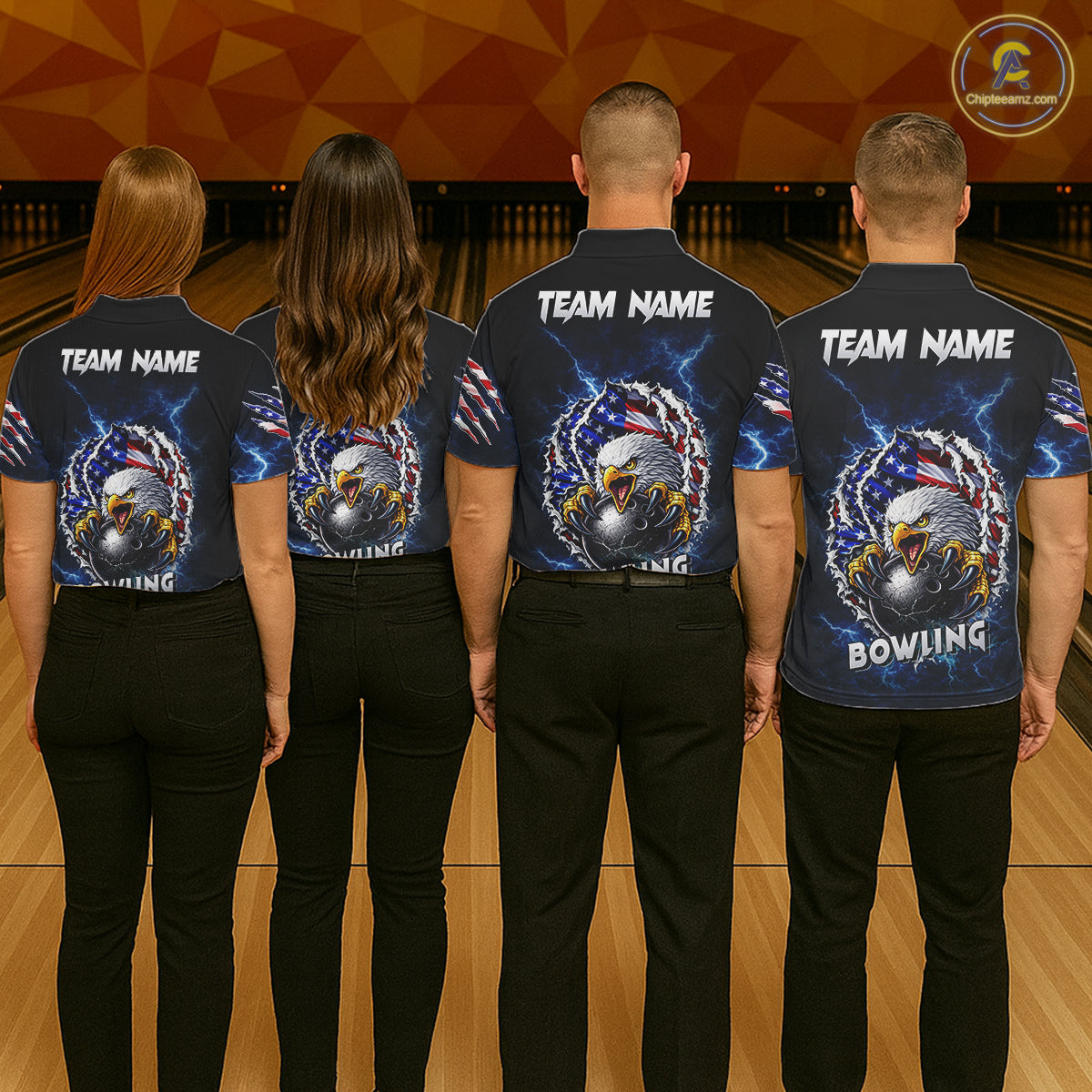 Blue Lightning Thunder US Flag Eagle Bowling Shirts For Women Custom Patriotic Bowling Team Jerseys NQS11749