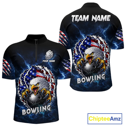Blue Lightning Thunder US Flag Eagle Bowling Shirts For Men Custom Patriotic Bowling Team Jerseys NQS11749