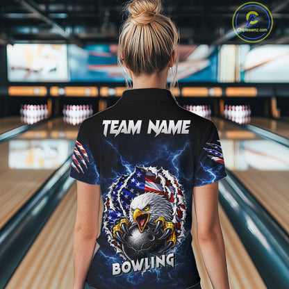 Blue Lightning Thunder US Flag Eagle Bowling Shirts For Women Custom Patriotic Bowling Team Jerseys NQS11749