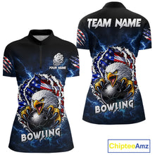 Load image into Gallery viewer, Blue Lightning Thunder US Flag Eagle Bowling Shirts For Women Custom Patriotic Bowling Team Jerseys NQS11749