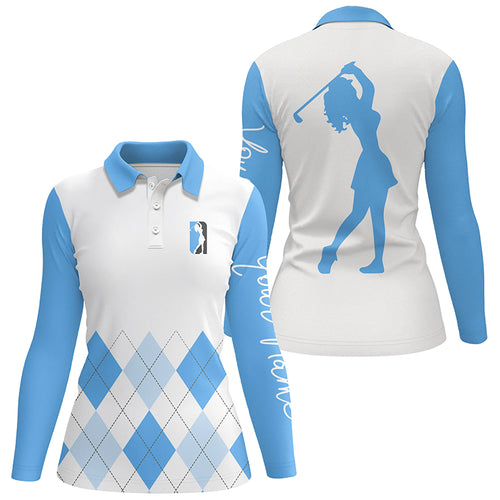 Womens golf polo shirt custom blue and white argyle plaid golf top for ladies NQS5256