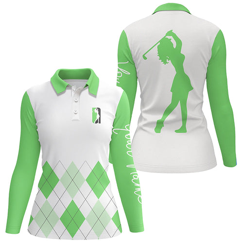 Womens golf polo shirt custom green and white argyle plaid golf top for ladies NQS5257