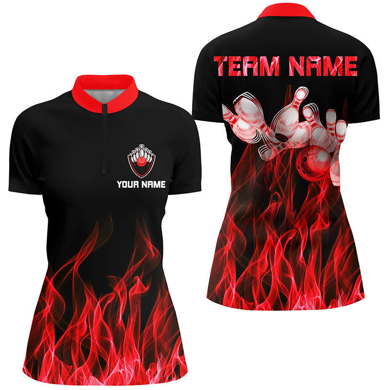 Red flame Bowling Quarter-Zip Shirt Women black Bowling Jerseys Personalized Bowling Team Shirts NQS5488