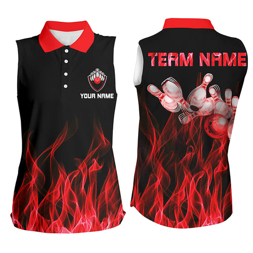 Personalized Women sleeveless polo shirts Red Flame Bowling Ball and Pins bowling jerseys for Bowler NQS5488