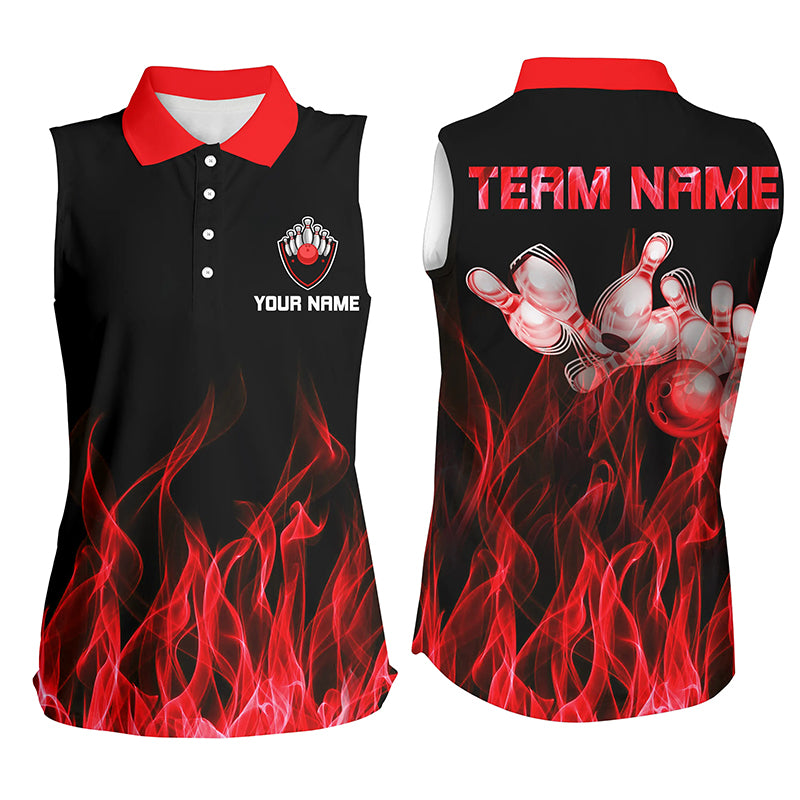 Personalized Women sleeveless polo shirts Red Flame Bowling Ball and Pins bowling jerseys for Bowler NQS5488
